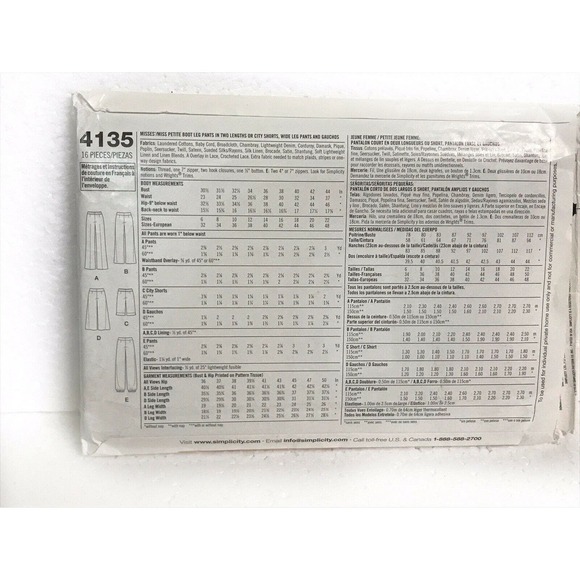 Simplicity 4135 Miss Petite Boot Cut Pants Gauchos Shorts Sewing Pattern 6-14 - Picture 3 of 5
